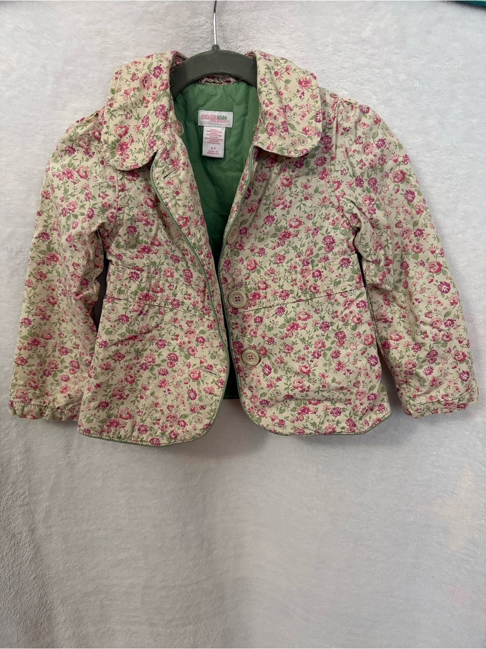 Genuine Kids From OshKosh Green and Pink Floral Button Pea Coat for Kids Size 5T - Picture 6 of 6